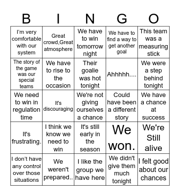 Pete DeBoer Excuses Bingo! Bingo Card