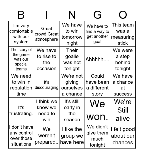 Pete DeBoer Excuses Bingo! Bingo Card