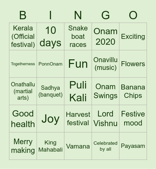 Onam 2020 Bingo Card