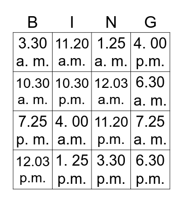 What is the time? Bingo Card