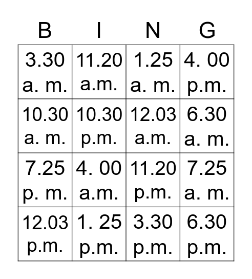 What is the time? Bingo Card