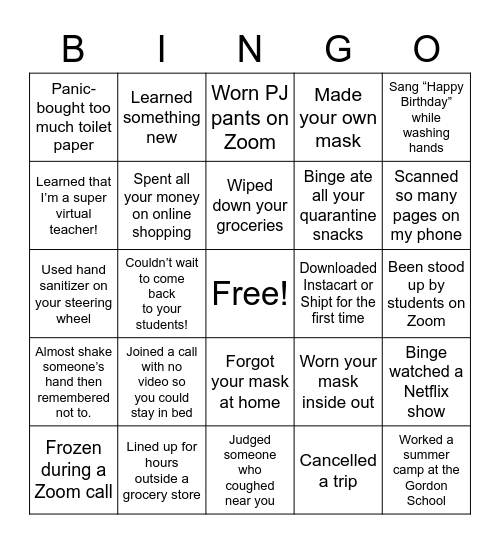 COVID-19 BINGO Card