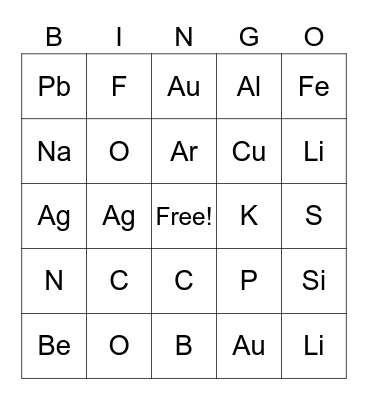 Chemistry Bingo Card