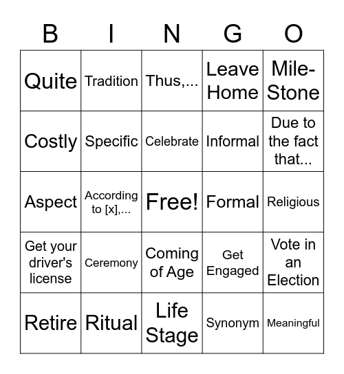 Coming of Age Bingo Card