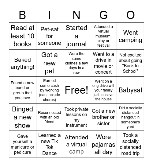 CCI Orchestra Quarantine Summer Bingo Card