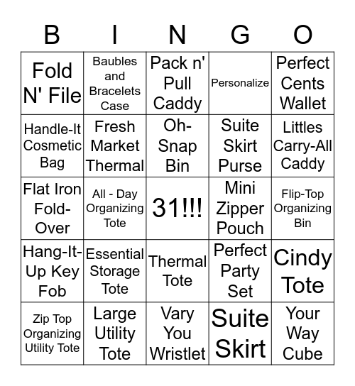 Thirty-One Bingo  Bingo Card