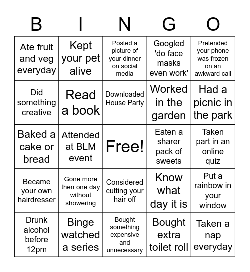 Lockdown Bingo Card