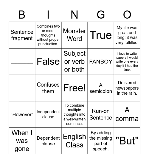 Run-on's and Fragments Bingo Card