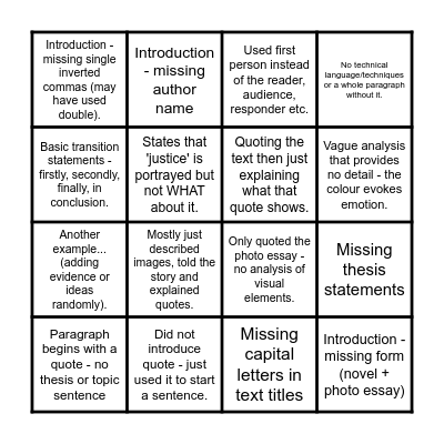 'In Cold Blood' - Formative Task Bingo! Bingo Card