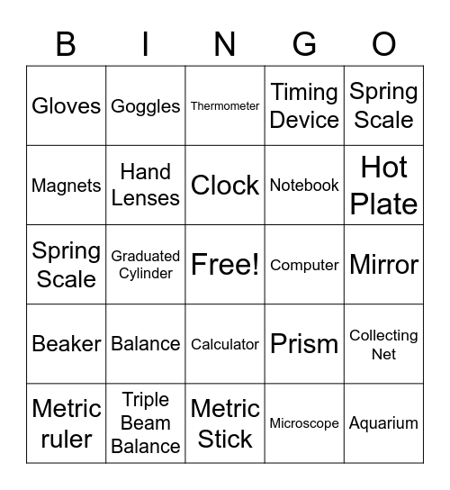 SCIENCE TOOLS Bingo Card