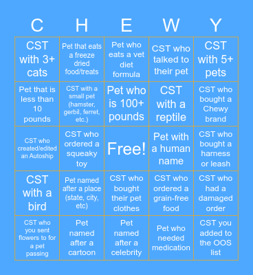 CHEWY TRAINING BINGO Card