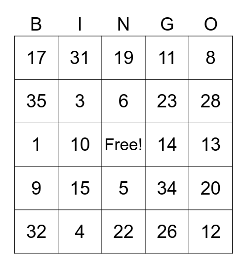 Number Bingo 0-40 Bingo Card