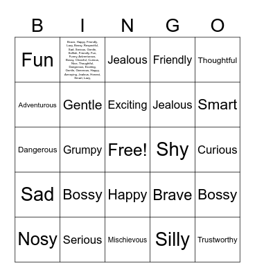 Character Traits Bingo Card