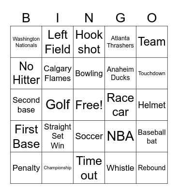 Sports Theme Bingo Card