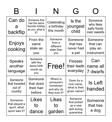 Get to Know your Orientation Group Bingo Card