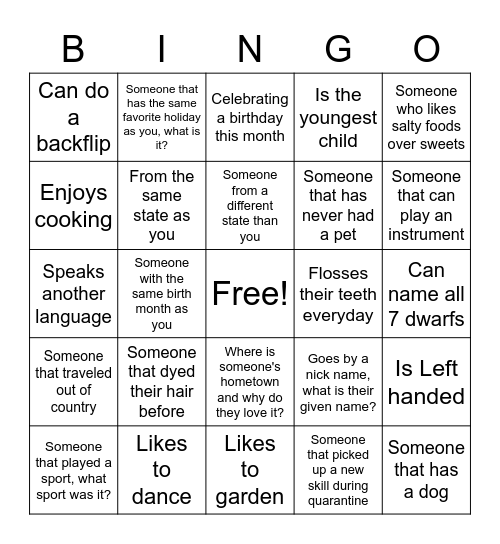 Get to Know your Orientation Group Bingo Card