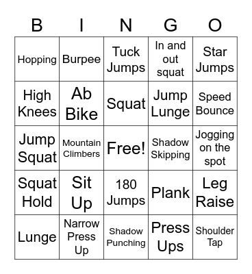 Fitness Bingo Card