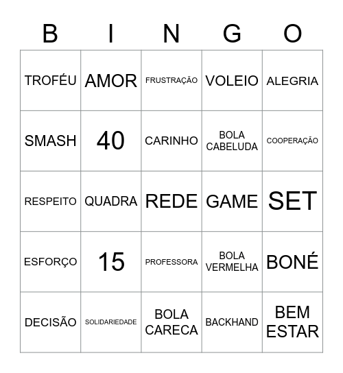 BINGO TÊNIS Bingo Card