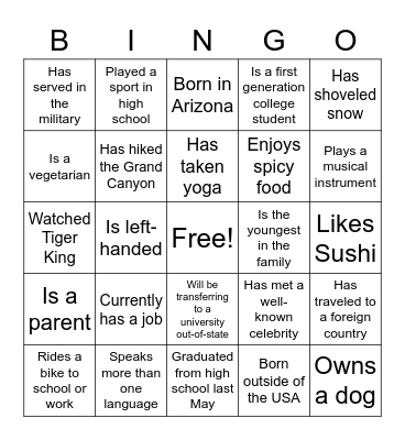 HES 210 Welcome Bingo Card