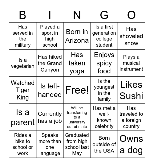 HES 210 Welcome Bingo Card