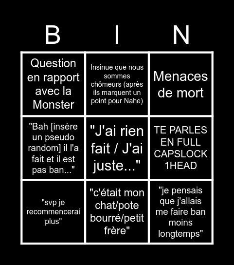 "slt lé modo pk g été ban ???" Bingo Card