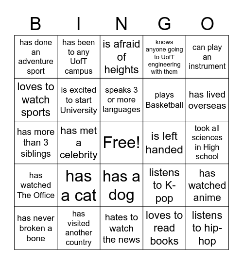 FROSH! Bingo Card