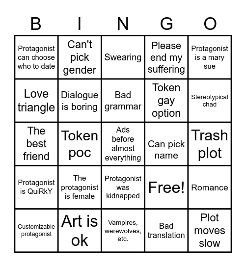 Bad story games bingo Card