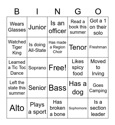 A Cappella Bingo Card