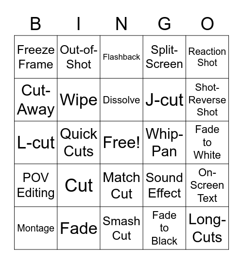 Film Techniques and Transitions Bingo Card
