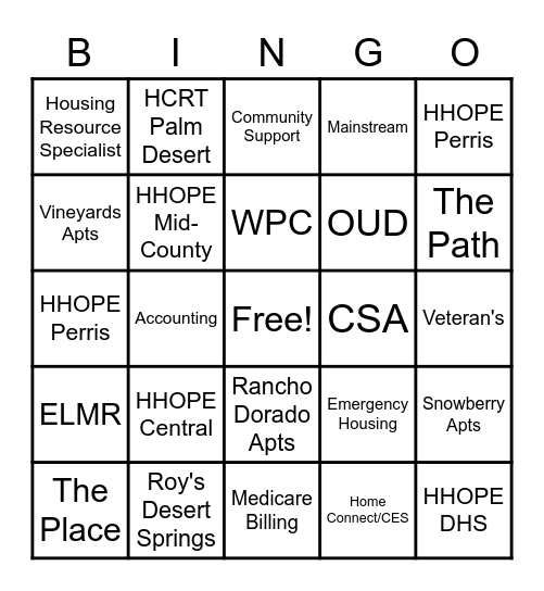 HHOPE Program Bingo Card