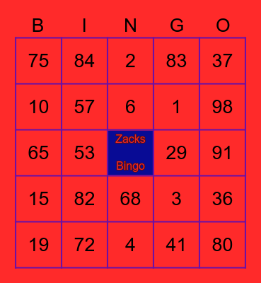 Zacks bingo Card