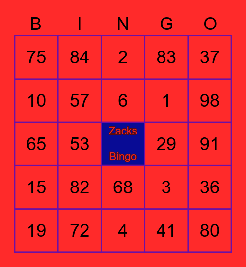 Zacks bingo Card