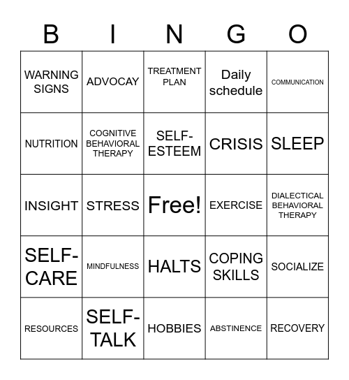 MENTAL HEALTH AND WELLNESS Bingo Card