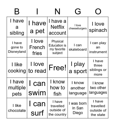 All About You! Bingo Card