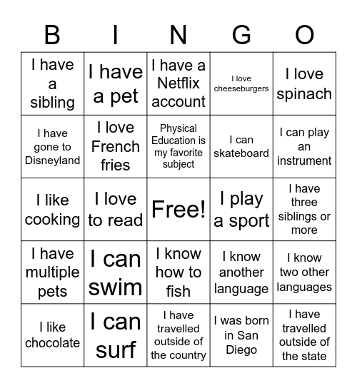 All About You! Bingo Card