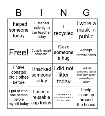 Acts of Kindness Bingo Card