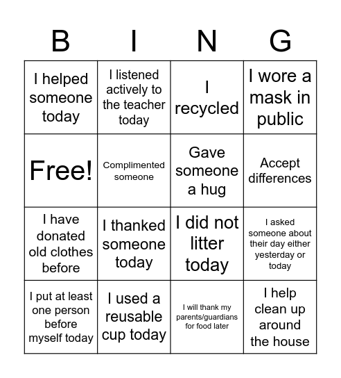 Acts of Kindness Bingo Card