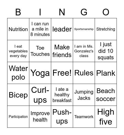 Physical Education Bingo Card