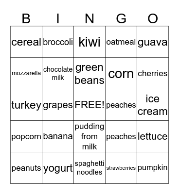 Nutrition Bingo Card