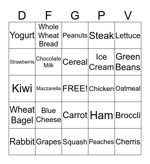 Nutrition Bingo Card