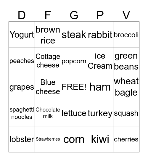 Nutrition Bingo Card