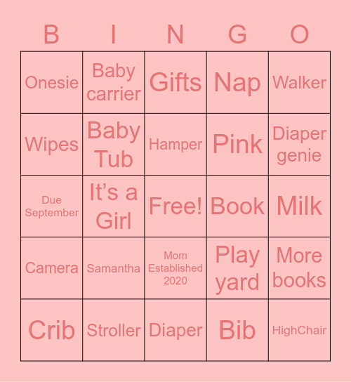 Samantha Bingo Card