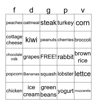 nutrishion Bingo Card