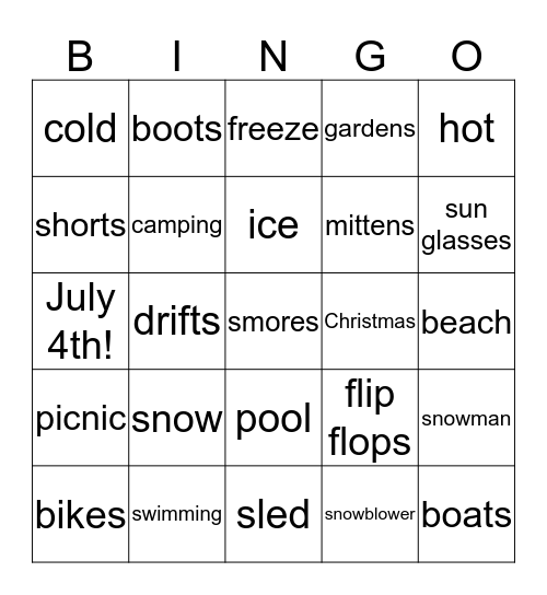 Seasons Bingo Card