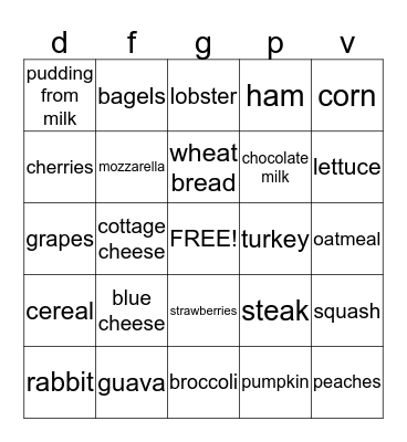 Nutrition Bingo Card