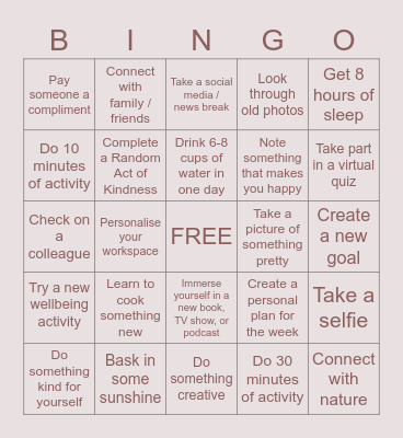 Wellbeing Bingo Card