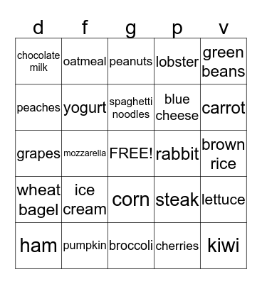 nutrition bingo Card