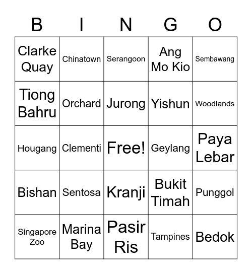 Towns of Singapore Bingo Card