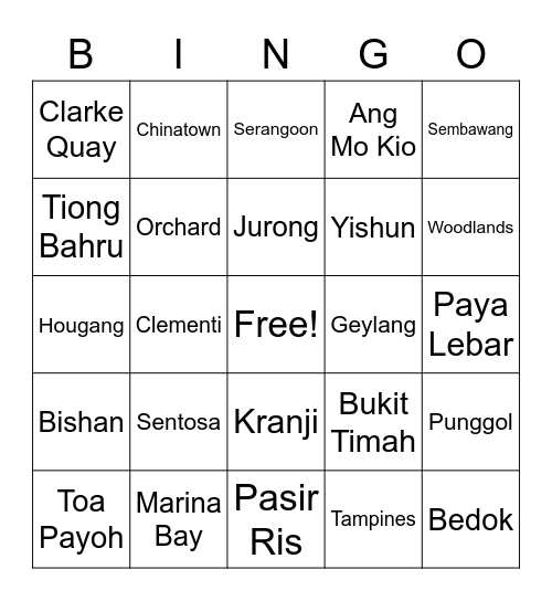 Towns of Singapore Bingo Card