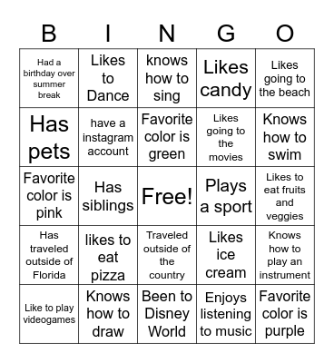 Getting to know you Bingo Card